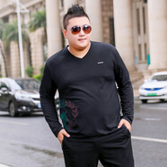 畢蒙特大碼男裝秋季寬松休閑長(cháng)袖t恤胖子加肥加大v領(lǐng)上衣肥佬體恤 黑色 2XL（160-190斤）