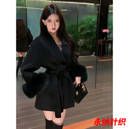 萱圖婭網(wǎng)紅2024綁帶呢子外套春秋長(zhǎng)袖寬松拼接短款毛毛袖新年戰(zhàn)袍 黑色+腰帶-秋冬季女裝 M -秋冬季女裝