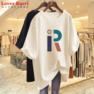 LOVER RUCCI法國歐貨大版中長款短袖t恤女裝2025夏季新款寬松遮臀體恤上衣ins 杏色中長款短 袖 XL