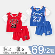 迪迪熊日記（DIDIXIONGRIJI）2件兒童套裝夏季短袖短褲小孩衣服0-1歲女童夏裝嬰兒男運(yùn)動(dòng)籃球服 短袖套裝(籃球服紅色+藍(lán)色) 90cm(24M)