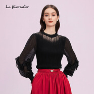拉珂蒂（La Koradior）【羊毛】商場(chǎng)同款圓領(lǐng)長(cháng)袖荷葉邊優(yōu)雅長(cháng)袖上衣 黑色 M