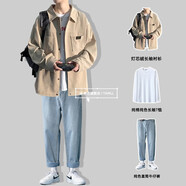 良茨微胖大碼240斤工裝休閑襯衫男春夏長(zhǎng)袖襯衣寬松顯瘦學(xué)生外套上衣 三件套（杏色襯衫+T恤+褲子） 4XL 180-200斤