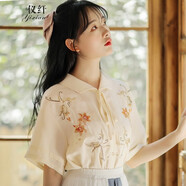 儀纖 文藝復(fù)古刺繡襯衣女短袖夏季新款森女小清新甜美顯瘦系帶娃娃領(lǐng)襯衫上衣9306 杏色 M