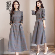 佰藍(lán)嬌 連衣裙2022春裝新款春季女裝春秋時(shí)尚品牌氣質(zhì)遮肚子收腰顯瘦女士長(zhǎng)袖格子連衣裙中長(zhǎng)款襯衫裙子 圖片色 L