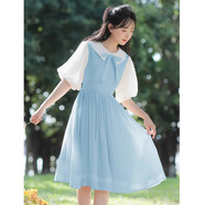 景怡依10-11-12-13-14-15-20歲公主裙夏季女孩初中小學生洋氣連衣裙韓版 藍色 L