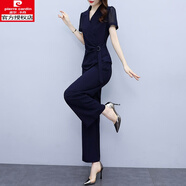 皮爾卡丹（pierre cardin）貴夫人氣質(zhì)套裝女2025年夏天名媛時(shí)尚搭配輕熟風(fēng)闊腿褲兩件套套裝 藏青色 M 建議90-104斤