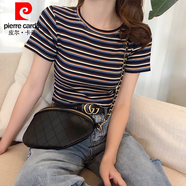 皮爾卡丹（pierre cardin）純棉條紋長袖t恤女春秋網(wǎng)紅ins潮高腰短款鎖骨上衣修身體恤夏 藏藍條紋（短 袖） L:101-110斤