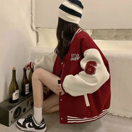 夾谷高中生初中女生外套新款秋冬中長款青少年少女紅色棒球服少女秋冬 色/春秋/雙層加里 加厚 M /80-100斤