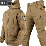 JEEP SPIRIT大碼戶外軟殼沖鋒衣男套裝秋冬加絨騎行夾克機(jī)能登山戰(zhàn)術(shù)外套 上衣+褲子【卡其】 L 135-145斤