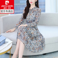 皮爾卡丹（pierre cardin）初秋連衣裙女2025春秋新款氣質(zhì)小個(gè)子收腰減齡媽碎花雪紡長袖裙子 灰藍(lán)色 2XL