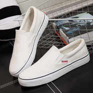 人本帆布鞋男鞋不系帶套腳一腳蹬懶人鞋透氣運動(dòng)休閑鞋百搭男板鞋 白色 43 微偏小