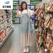 高個(gè)子女生背帶裙子女夏裝2022新款初中學(xué)生韓版牛仔網(wǎng)紗長(cháng)裙吊帶連衣裙套裝1 天藍色 3XL