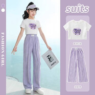 花菈貓童裝女童套裝夏裝2023新款兒童冰絲褲子夏季薄款女孩衣服直筒褲潮 圓領T恤+紫色闊腿褲 140(建議身高135左右)