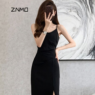 ZNMO高端品牌新款韓版吊帶連衣裙女小個(gè)子收腰顯瘦開(kāi)叉性感氣質(zhì)修身 單件黑色連衣裙 S
