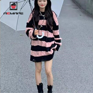 AEMAPE條紋寬松毛衣女2025春秋冬季新款不規則麻花中長(cháng)款針織衫女裝上衣 粉色高品質(zhì) M _建議（95-110斤穿）