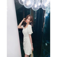 韩语琳V领雪纺连衣裙2021新款春夏装修身短裙女装不规则短袖裙子 白色 M