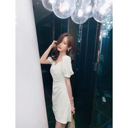 韓語(yǔ)琳V領(lǐng)雪紡連衣裙2021新款春夏裝修身短裙女裝不規(guī)則短袖裙子 白色 M