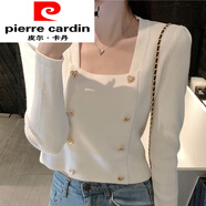皮爾卡丹（pierre cardin）專(zhuān)柜春秋薄款方領(lǐng)內搭長(cháng)袖打底針織衫上衣秋冬設計感小眾短款毛衣 白色 均碼 _高彈力_70-125斤