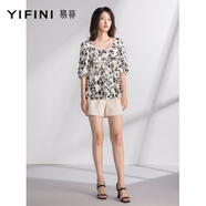 易菲（YIFINI）寬松泡泡中袖大方領(lǐng)上衣女夏季新款休閑減齡T恤 A04S3912 印花 XS