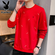 花花公子（PLAYBOY）長(cháng)袖t恤男春秋新款時(shí)尚百搭休閑圓領(lǐng)衛衣男潮流寬松純色上衣男裝 6039紅色 L 170