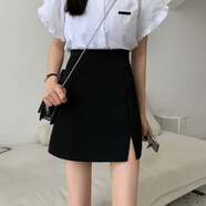 ESCURLTF職業(yè)半身裙女夏季黑色顯瘦開叉A字短裙顯高短裙半裙包臀a字短裙女 黑色 L 110斤-125斤