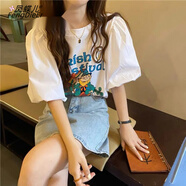 鳳蝶兒新款連衣裙女裝夏季新品韓版小個子炸街時尚牛仔短裙兩件套套裝裙 泡泡袖上衣+牛仔裙套裝 L