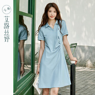 艾路絲婷珠地棉polo連衣裙女2023夏季新款通勤高腰抽褶顯瘦a字裙55198 湖藍(lán)色 M