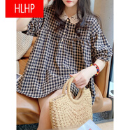 HLHP【撿漏】韓版棉麻襯衫女夏套頭寬松蕾絲娃娃衫中袖繡花a字女裝秋上衣 黑色 3XL