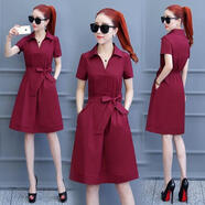 邦菲爾 韓國連衣裙女夏季新款時(shí)尚收腰仙女短袖小個(gè)子腰帶裙子 酒紅色【系帶蝴蝶結】 XL (110-120斤左右)