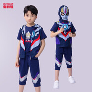 圣閑男童套裝夏款?yuàn)W特曼衣服短袖連帽馬甲三件套英雄男童服飾 新歐布三件套 140