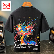 貓人（MiiOW）夏季男T恤寬松潮流薄款印花短袖體恤高級(jí)五分袖男衣服中國(guó)風(fēng) 5753黑色 XL
