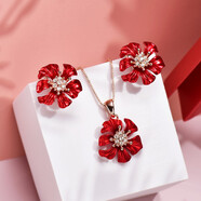 海雯妮 飾品項鏈女鎖骨鏈 氣質(zhì)花朵吊墜短款脖項鏈裝飾小眾設計感套裝耳釘耳環(huán)配飾 【項鏈+耳環(huán)】金紅色