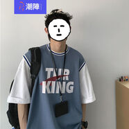 潮陣夏季假兩件短袖T恤男潮牌時尚學生籃球衣服寬松百搭港風嘻哈半袖 藍色 L