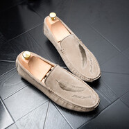 沙弋豆豆鞋男士夏季韓版潮皮鞋休閑駕車(chē)男鞋一腳蹬樂(lè )福軟底英倫鞋子男 卡其 42鞋碼