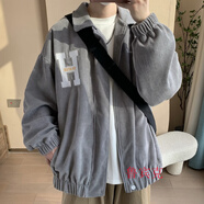 魯賓克 燈芯絨外套男春季潮牌美式復(fù)古棒球服男生夾克寬松情侶棒球服男 灰色 XL（120-140斤）