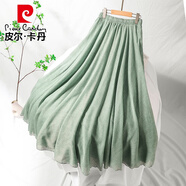 皮爾卡丹（pierre cardin）綠色棉麻半身裙女春秋高腰雙層民族風(fēng)禪意女裝新中式長裙亞麻裙子 淺綠色 M 85C165CM以下