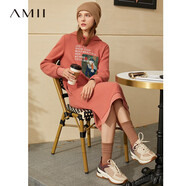 AMII減齡連衣裙女秋冬季新款直筒加絨裙子氣質長款休閑連帽衛(wèi)衣裙 煙粉橘 160/84A/M