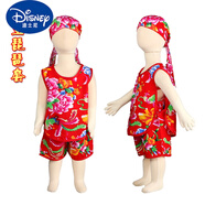 迪士尼（DISNEY）夏季棉綢兒童睡衣嬰兒背心男童馬甲兒童琵琶服短褲兩件套裝家居服 紅色牡丹 頭巾+琵琶套 90 cm