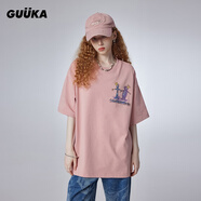 古由卡（GUUKA）潮牌短袖女士情侶t恤夏季新款時(shí)尚純棉舒適上衣寬松百搭創(chuàng  )意個(gè)性 粉色 M