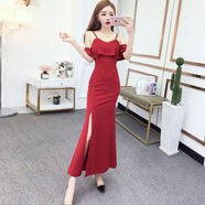 愛圖榮女裝2020新款性感吊帶邊一字領(lǐng)修身包臀連衣裙長款晚禮服 酒紅色 S