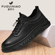 富貴鳥(niǎo) 男士休閑皮鞋軟面軟底運動(dòng)板鞋舒適透氣加絨棉鞋潮流男鞋 黑色【四季款】 41 (255mm)