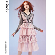 蓮燦秋新浪漫V領(lǐng)雪紡蕾絲繡花拼接背心蛋糕裙兩件套裝女 粉色 M