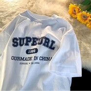 卡圖弛 衣服男短袖t恤男寬松韓版潮流五分半截袖打底衫男青少年情侶美式復(fù)古高街印花圓領(lǐng)重磅上衣服飾男裝 白色 XL【建議120-140斤】