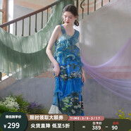 兩三事度假超仙的裙子女夏季紫色油畫藝術(shù)吊帶海邊連衣裙云霧睡蓮 藍(lán)色預(yù)售 S
