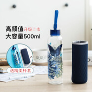 愛(ài)屋.格林玻璃杯水杯創(chuàng  )意帶杯套隨手杯耐熱玻璃便攜大容量杯子高顏值男女 藍印蝴蝶3WBD5814