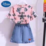 迪士尼（Disney）女童夏裝套裝短袖短褲2025新款兒童裝寶寶洋氣10歲女孩夏季中大童 粉色上衣+牛仔褲 120 偏小一碼27-33斤