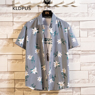 KLDPUS 夏威夷花襯衫男夏季國潮純棉短袖襯衣翻領(lǐng)海邊度假沙灘情侶夏裝 28號色 L 120-130斤