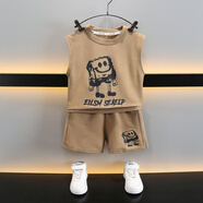 圓圓米米男女寶寶夏裝套裝女童夏季短袖嬰兒兩件套小男孩0一3歲洋氣衣服潮 申海綿寶寶背心卡其 100