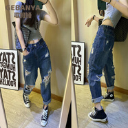 歌班婭歐貨2022春季新款前后破洞九分乞丐褲女大碼高腰寬松牛仔哈倫褲子 藍色 L 【建議105-115斤】