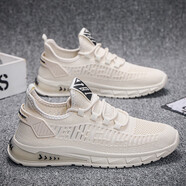 沙弋男鞋2025新款夏季軟底飛織網(wǎng)面男士潮鞋透氣休閑運動(dòng)網(wǎng)鞋跑步 米色 39